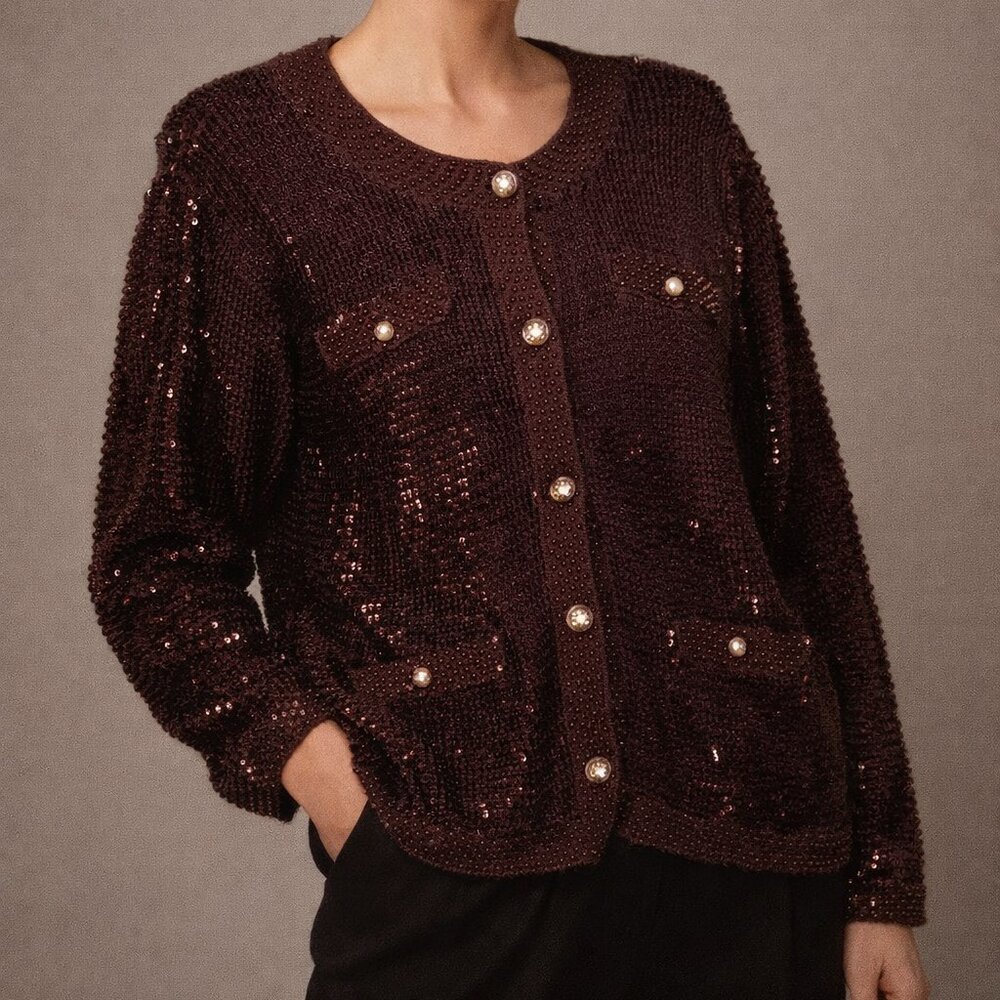 New Vintage 80s Gardy California M Luxe Sequin Embellished Knit Cardigan Sweater